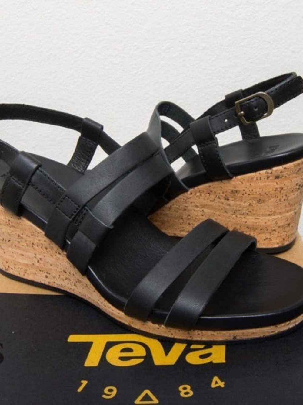 Teva Black Leather Strappy Cork Wedge Sandals